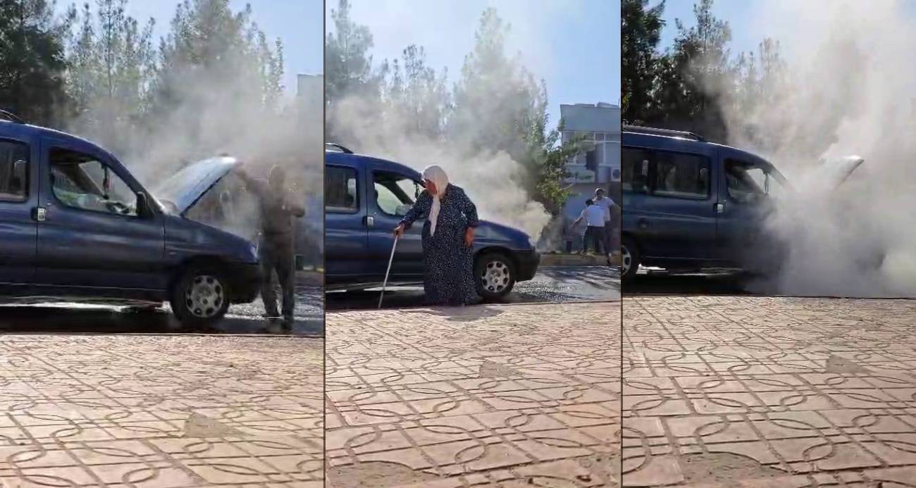 Diyarbakır’da faciadan dönüldü araba alev aldı içinde yaşlı bayan vardı
